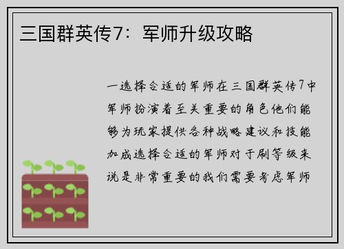 三国群英传7：军师升级攻略